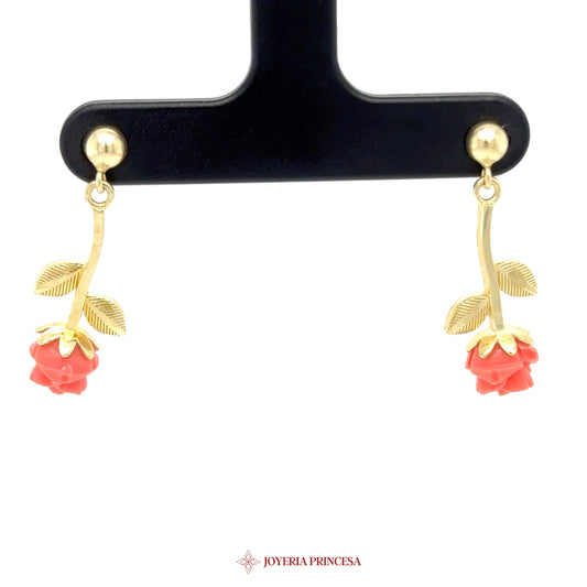14K Gold Rose Dangle Earrings with Coral Stones