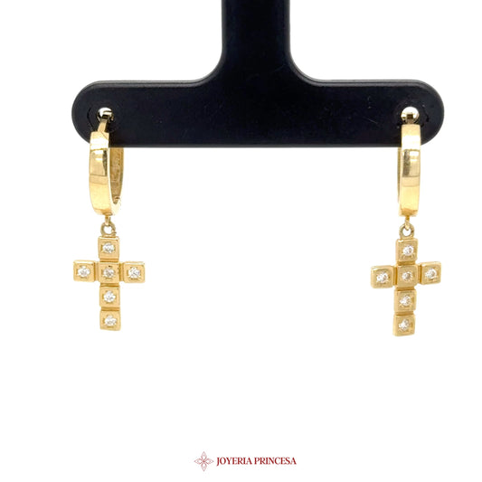 14K Gold Cross Dangle Earrings with Simulated Stones