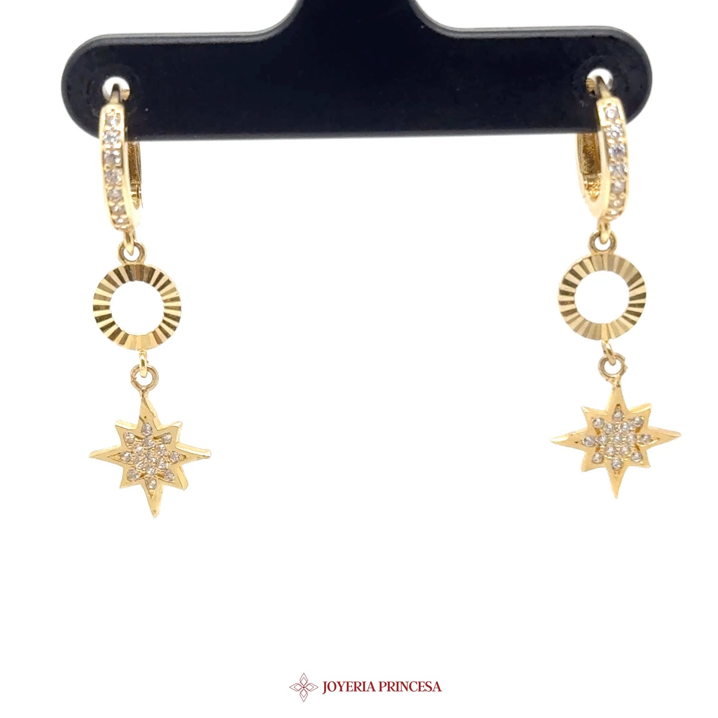 14K Gold Star Motif Dangle Earrings with CZ
