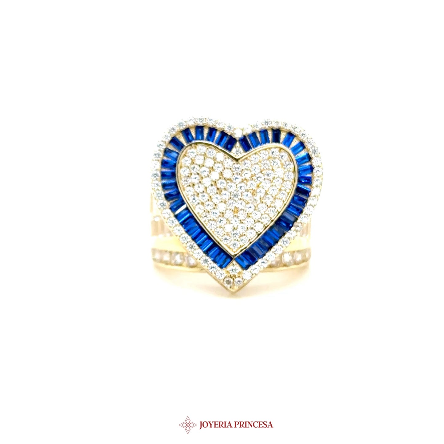 14K Heart Ring with Blue Stones and CZ Accents