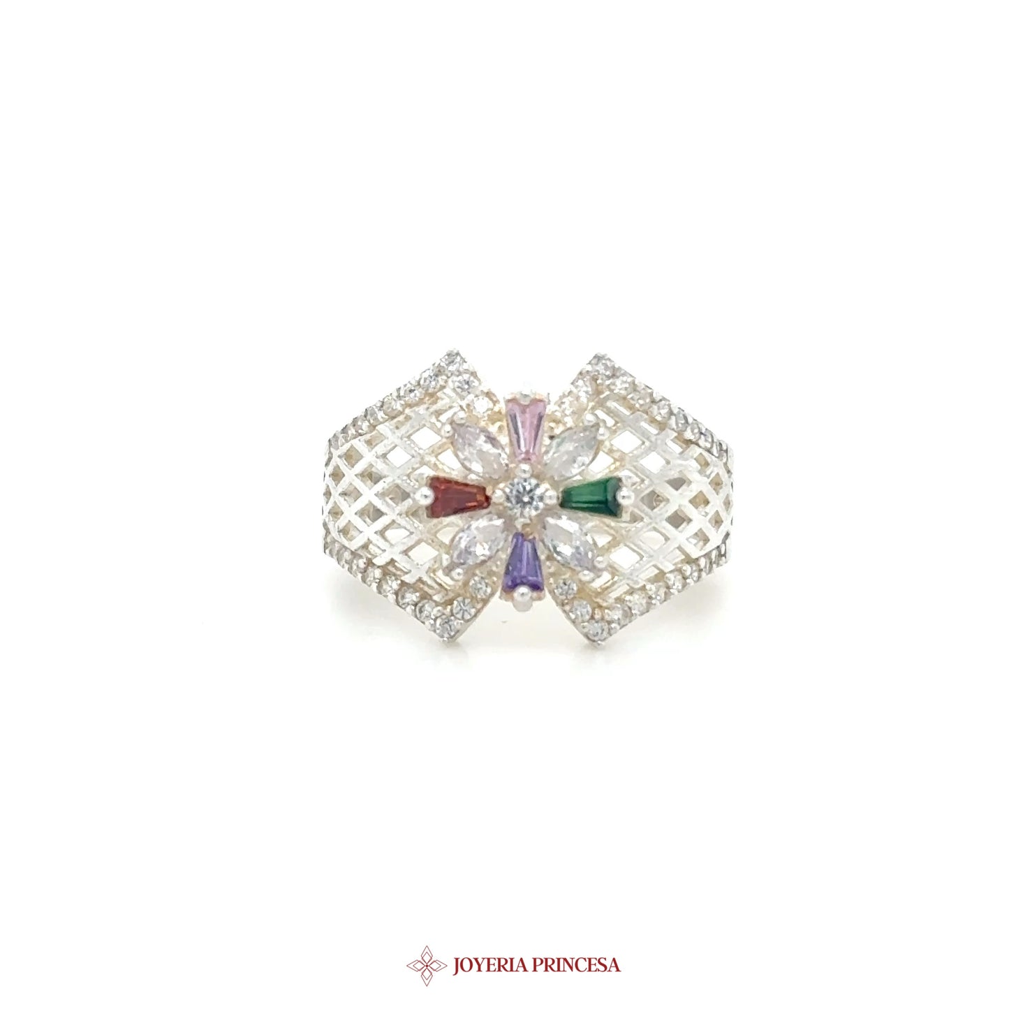 Silver Ring with Colorful Simulated Stones and Intricate Design