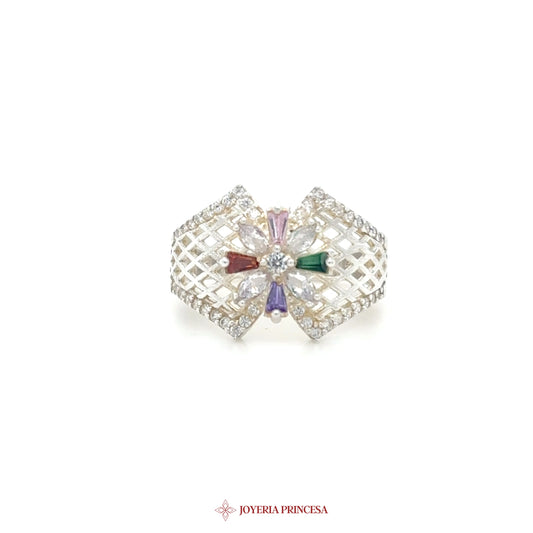 Silver Ring with Colorful Simulated Stones and Intricate Design