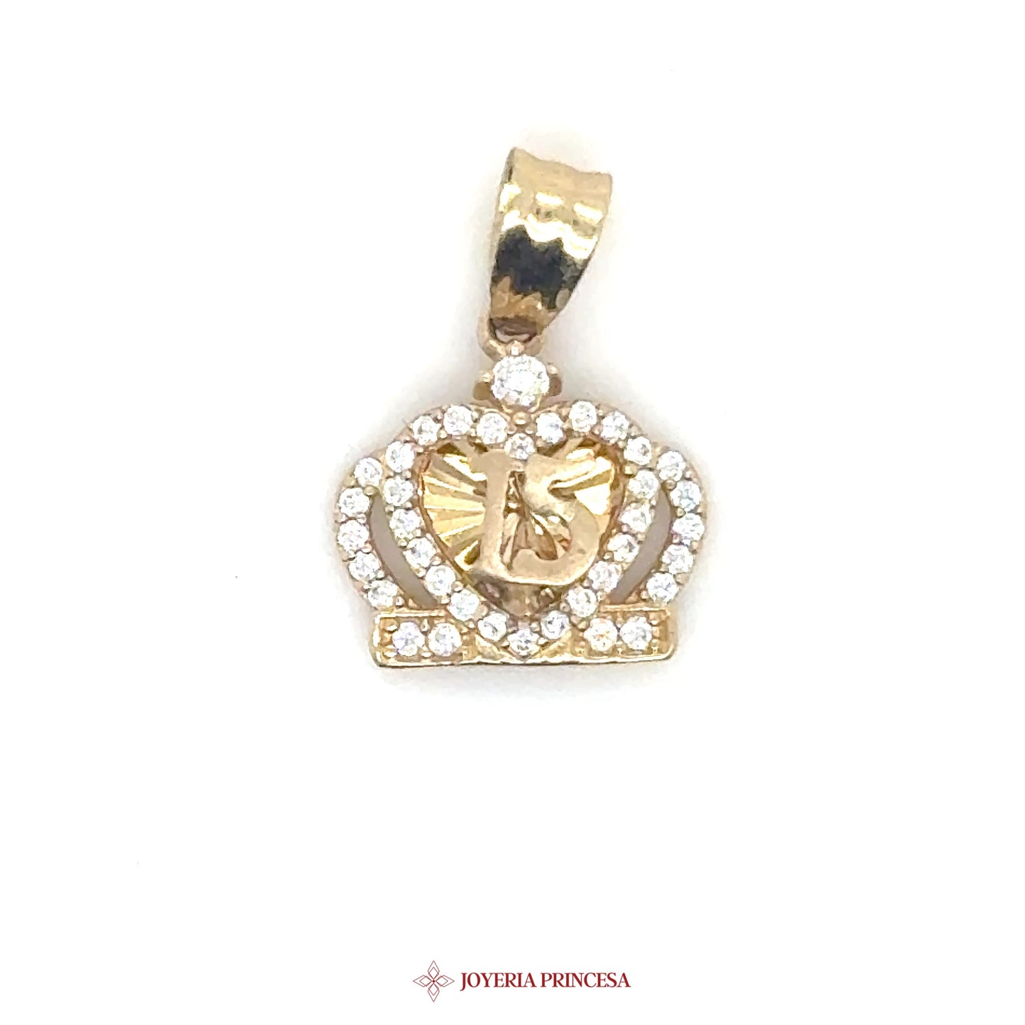 14K Crown Pendant with Quinceañera Motif and Simulated Stones