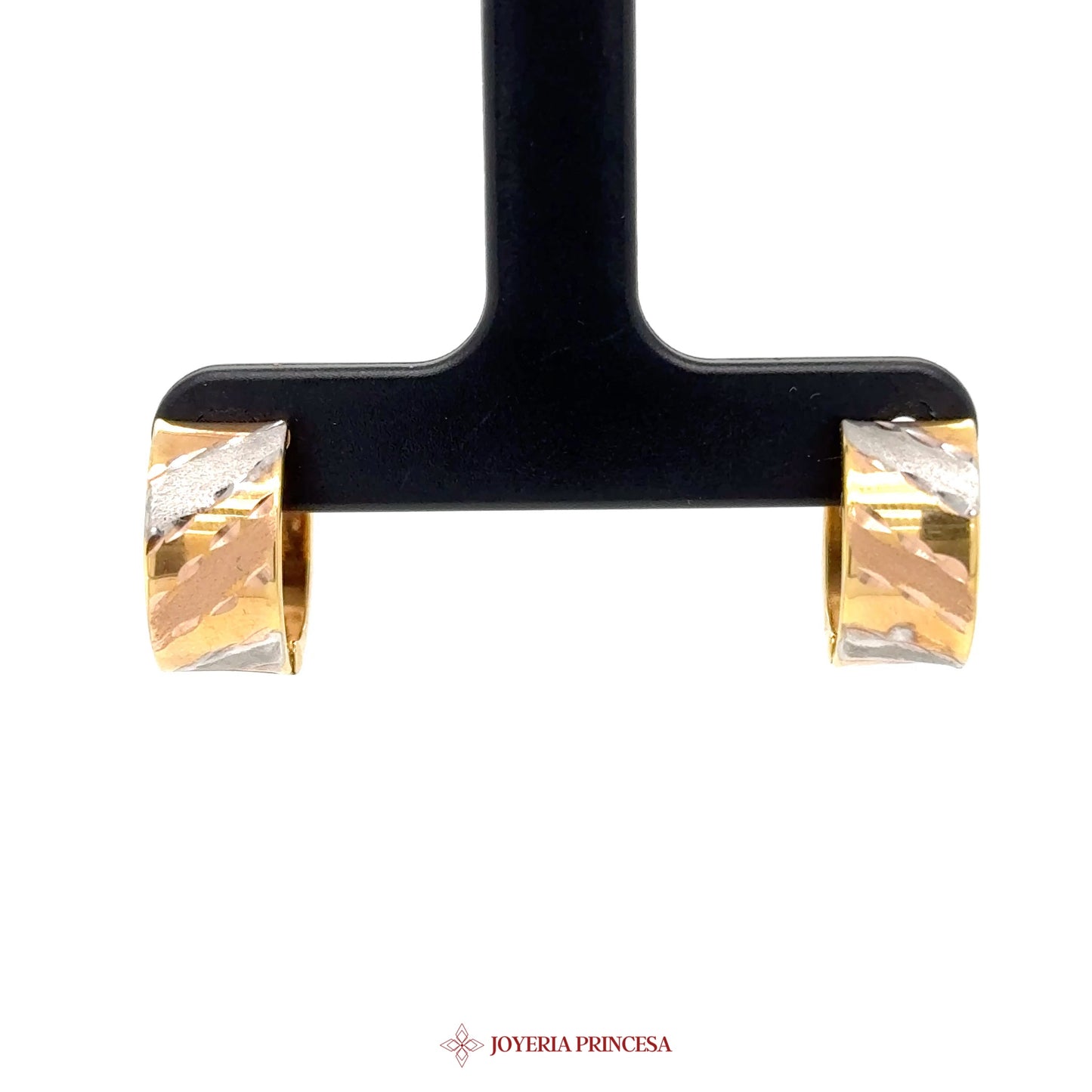 14K Gold Textured Huggie Earrings with Silver Accents