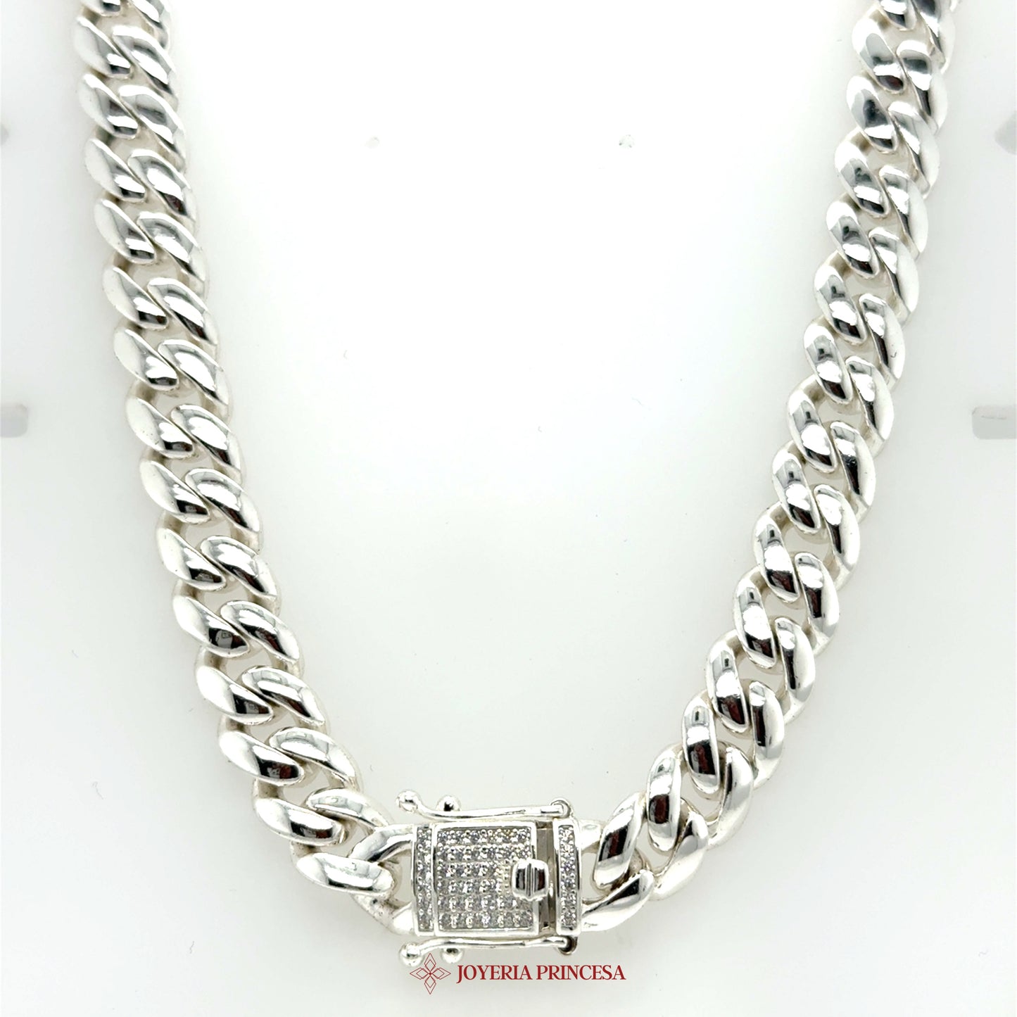 24inch 10mm Silver Cuban Link Chain with Diamond-Style Clasp