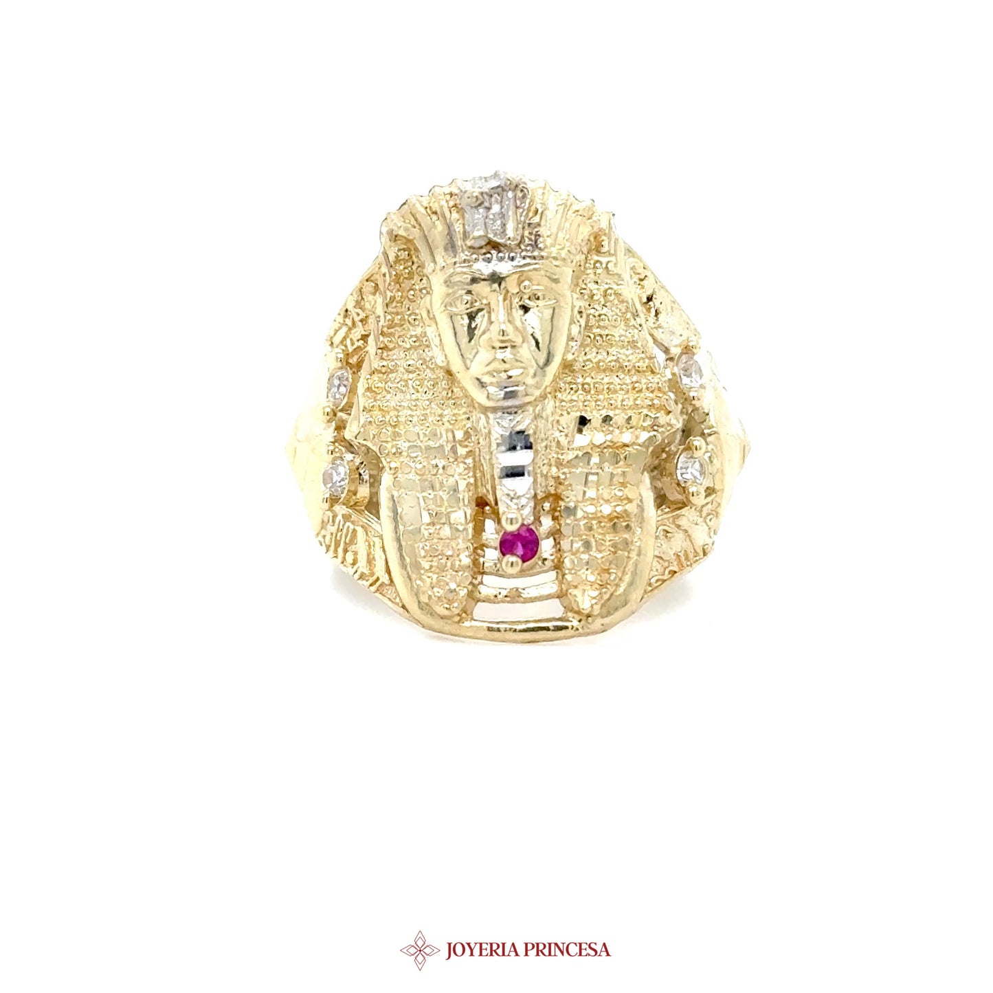 10K Gold Pharaoh Motif Ring with CZ Stones and Ruby Accent