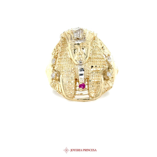 10K Gold Pharaoh Motif Ring with CZ Stones and Ruby Accent