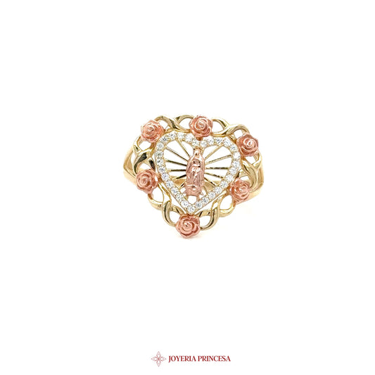 10K Virgen de Guadalupe Heart Ring with Roses and CZ