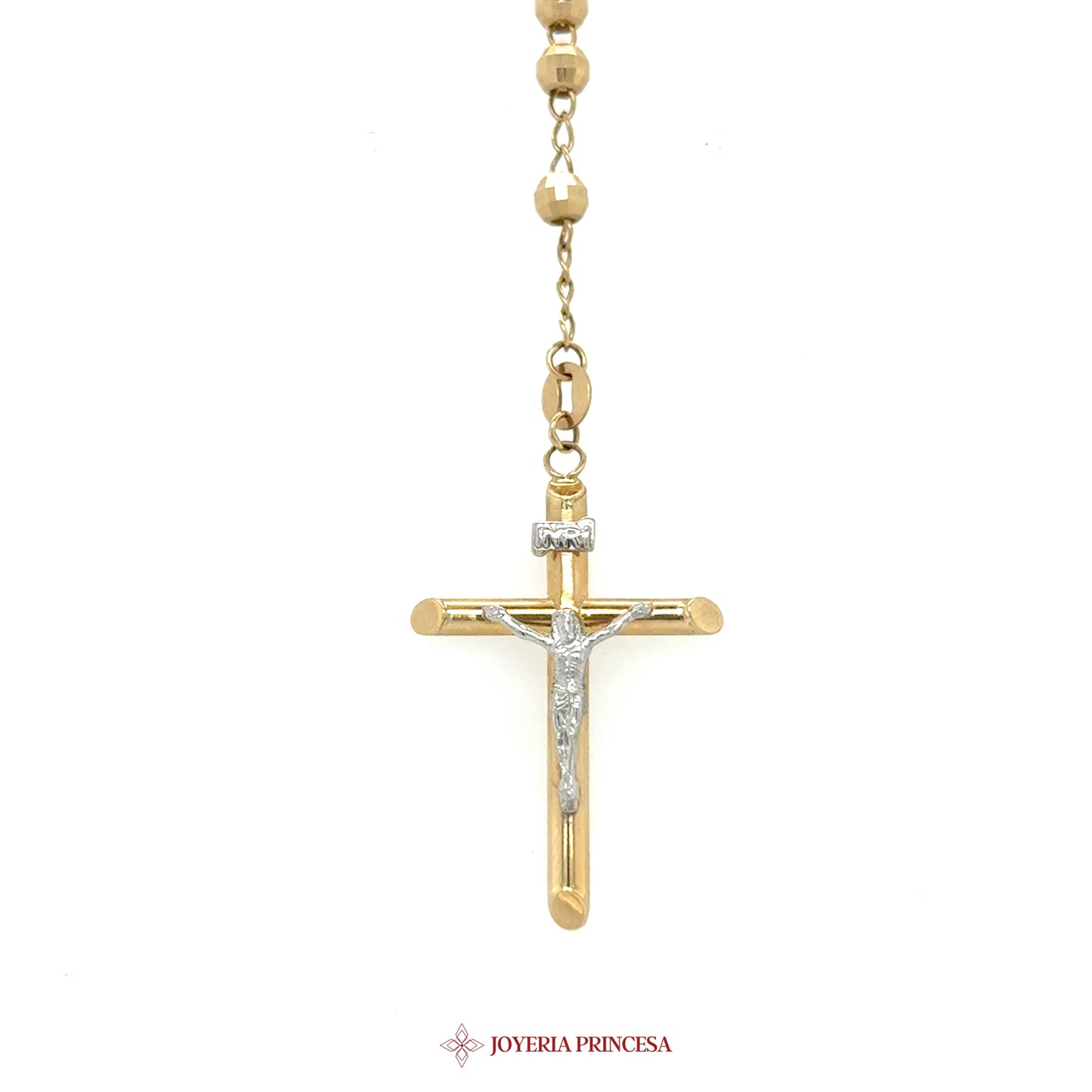 14K 20in 4mm Gold Rosary Necklace with Virgen de Guadalupe and Jesus Motif