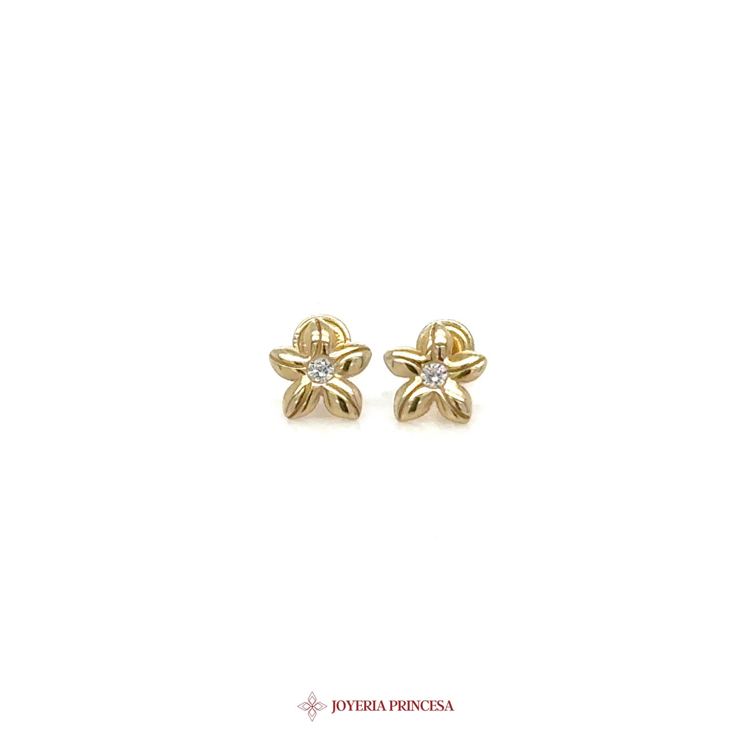 14K Gold Flower Stud Earrings with Simulated Diamond
