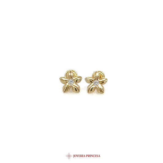 14K Gold Flower Stud Earrings with Simulated Diamond