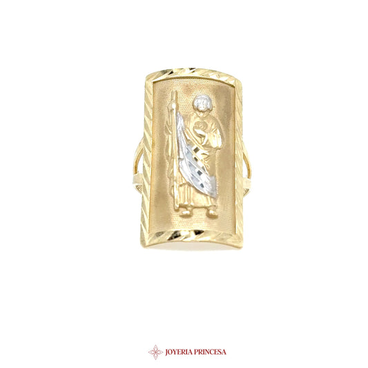 10K San Judas Ring with Religious Motif in Gold and Silver