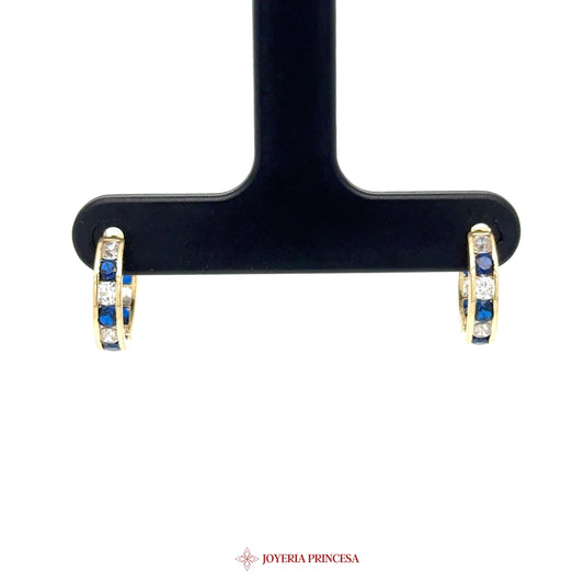 14K Gold Huggie Earrings with Blue & White Stones