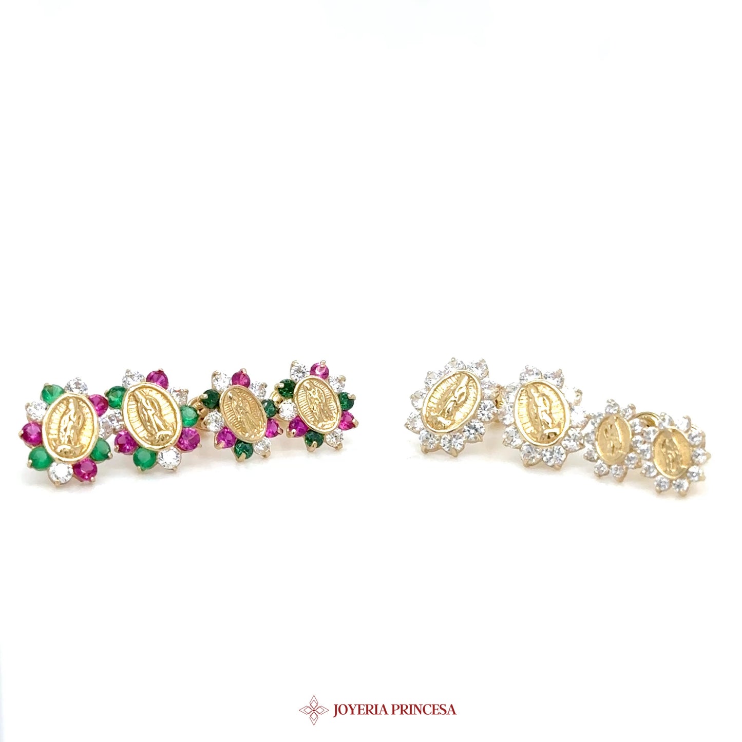 14K Gold Virgen Maria Earrings with Colorful Stones and Motif