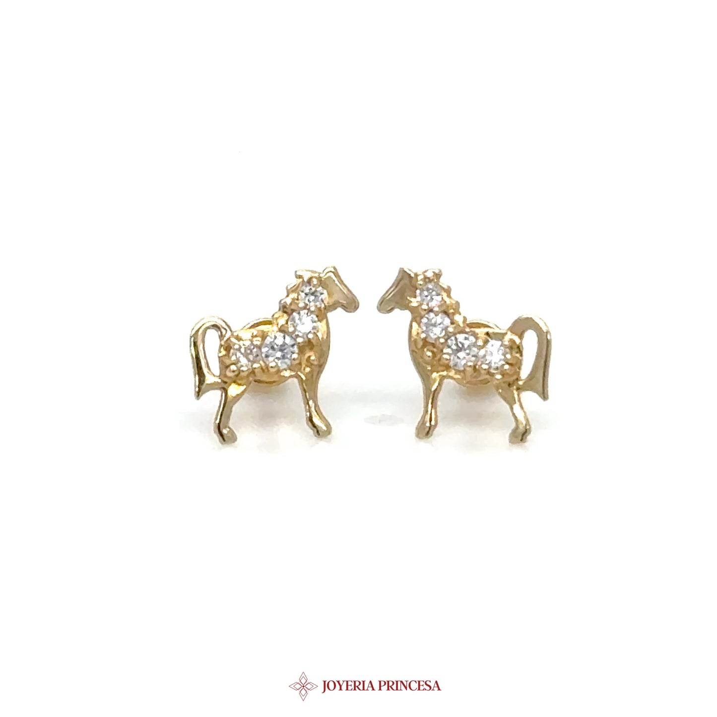 14K Gold Horse Stud Earrings with Clear Stones