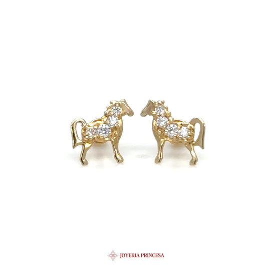 14K Gold Horse Stud Earrings with Clear Stones