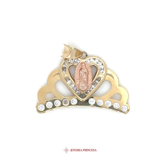 14K Virgen de Guadalupe Heart Pendant with CZ Stones