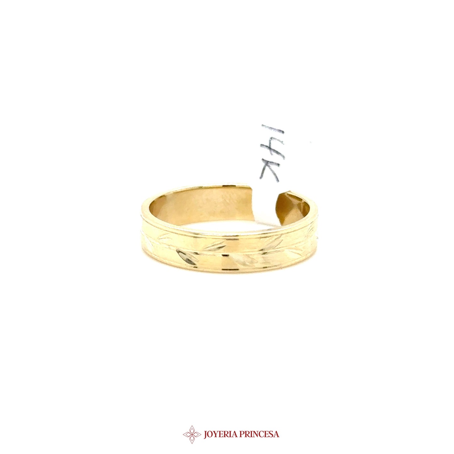 14K Yellow Gold Wedding Band Ring with Leaf Motif
