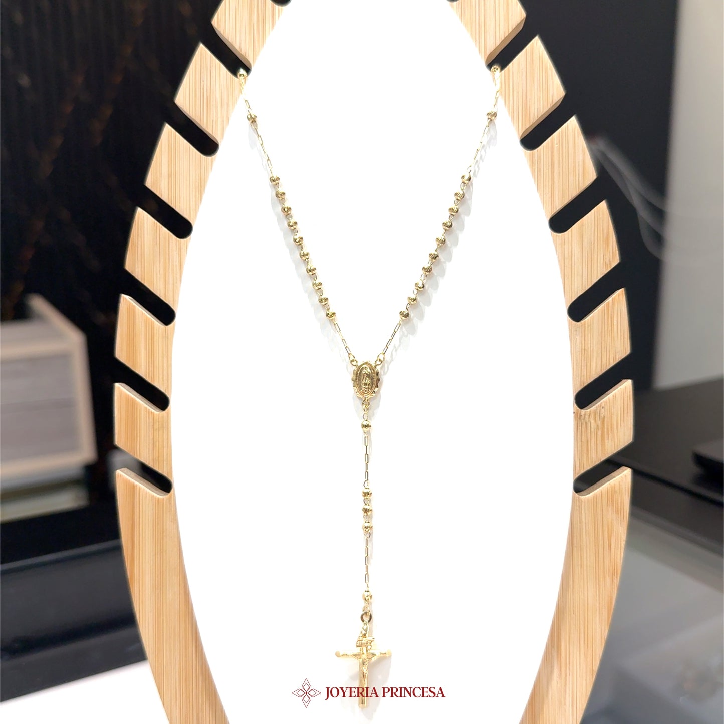 14K Gold Rosary Necklace with Virgen de Guadalupe Motif (UN-2967)