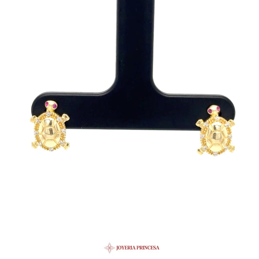14K Gold Turtle Stud Earrings with Pink Stones
