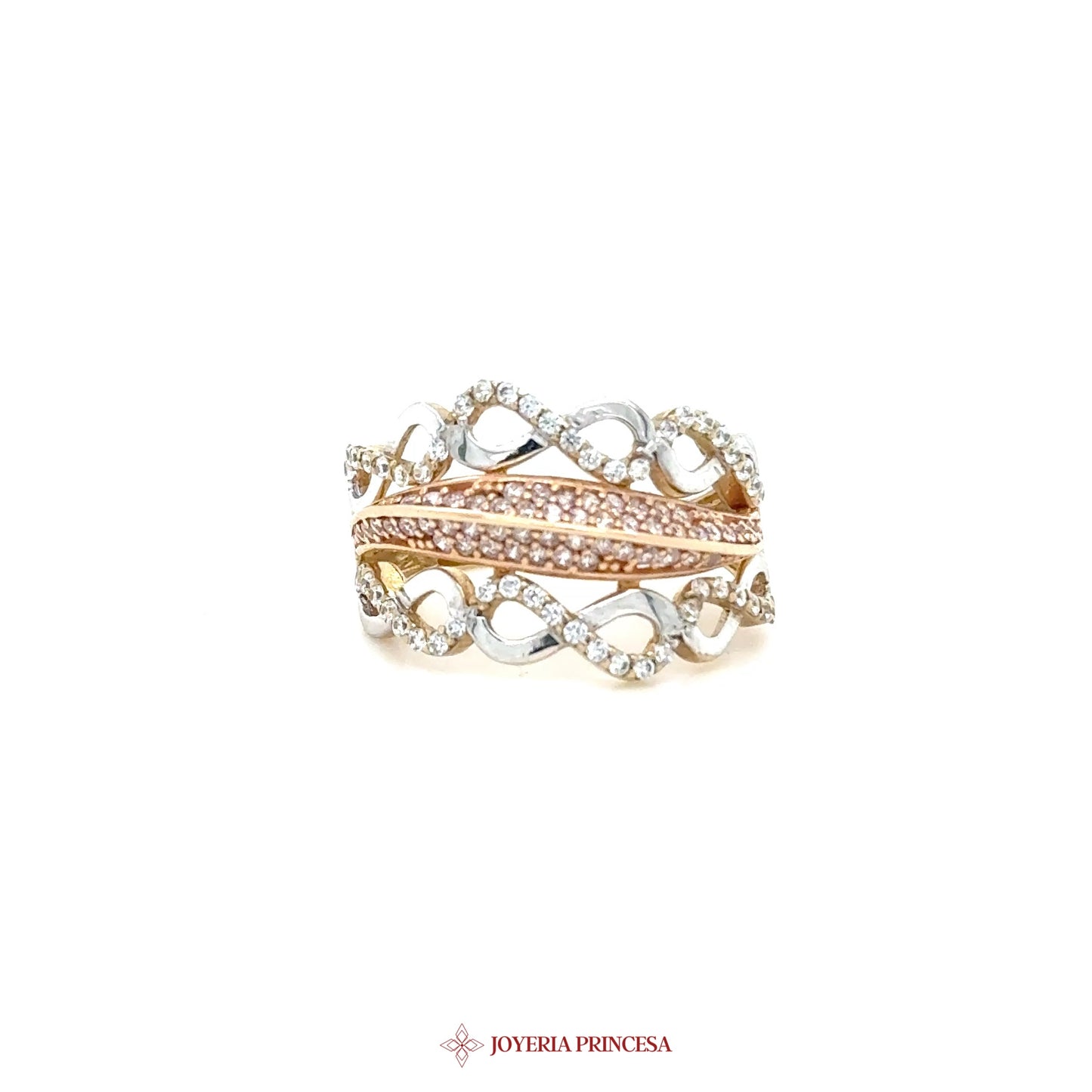 10K Infinity Design Ring with Pink and Clear Stones