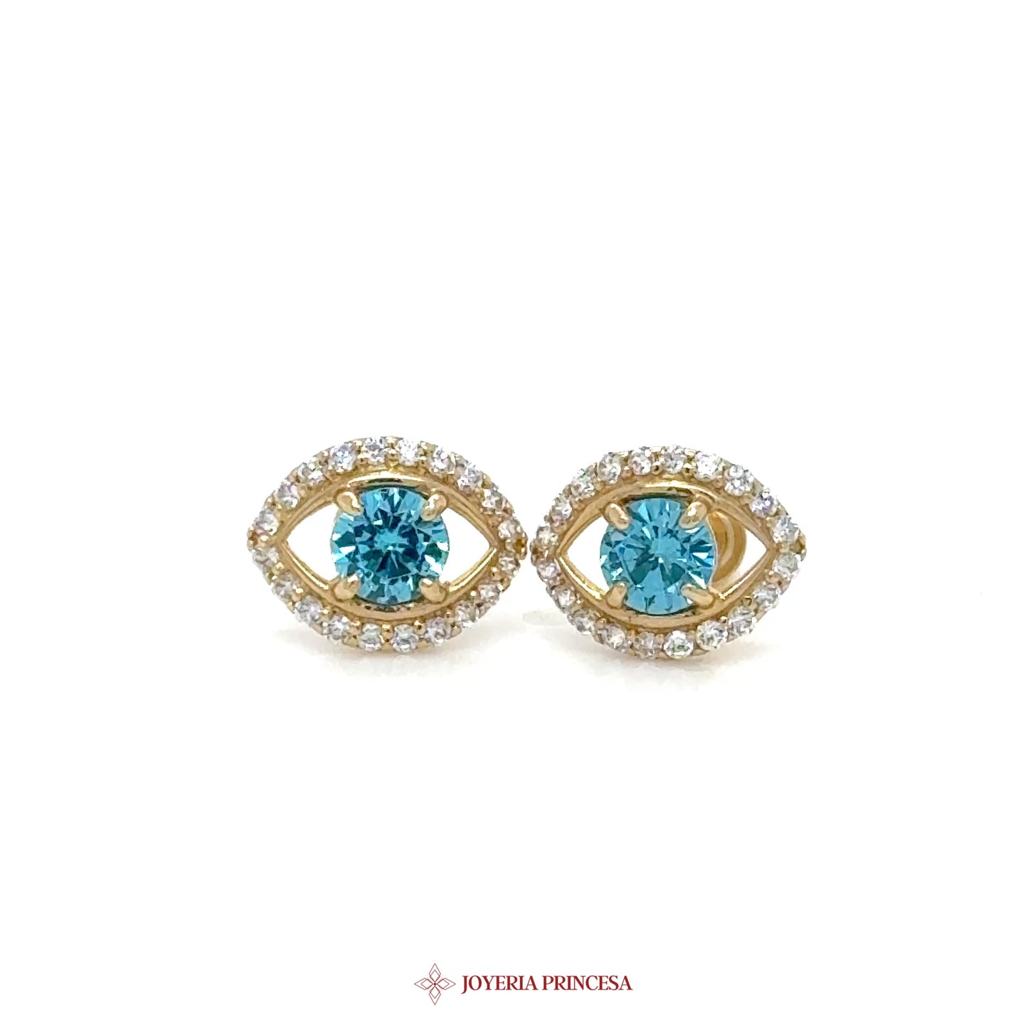 14K Gold Eye Motif Stud Earrings with Blue Stones