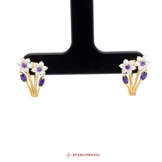 14K Gold Floral Stud Earrings with Amethyst and CZ Stones