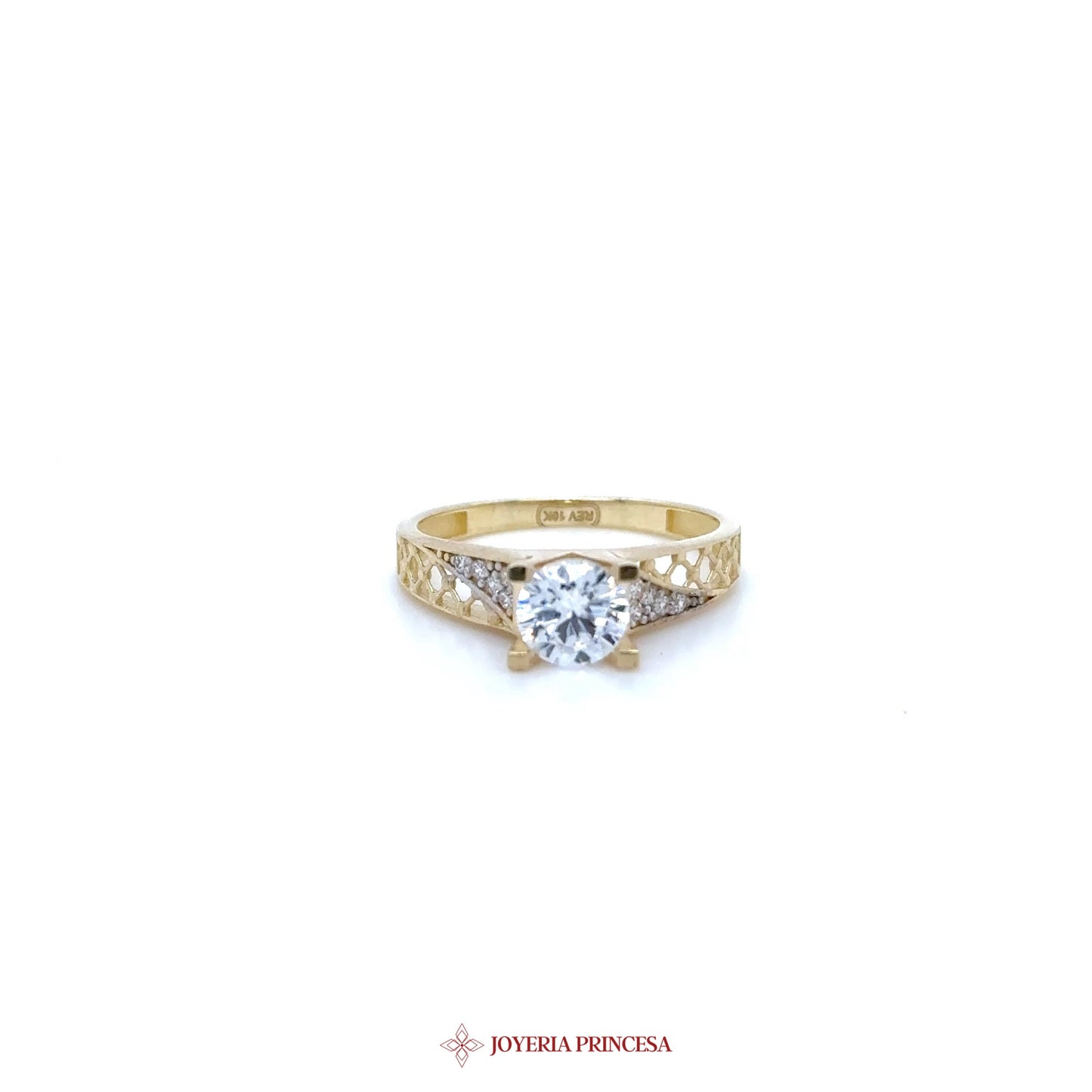 10K Yellow Gold Engagement Ring with CZ and Intricate Band Design