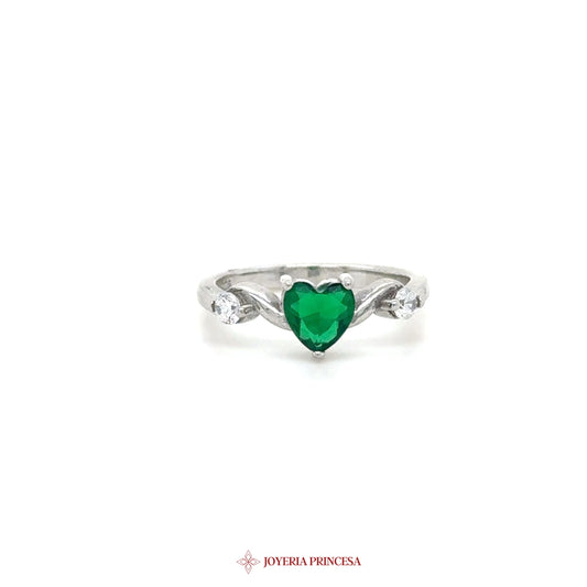 Silver Heart-Shaped Green Stone Ring