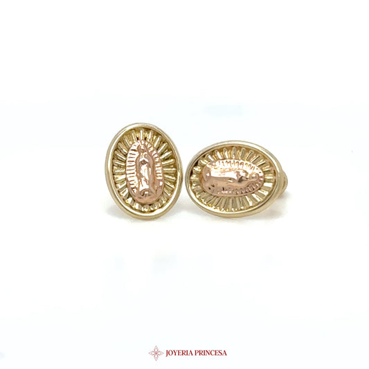 14K Gold Oval Virgin Mary Stud Earrings with Rose Gold Accent