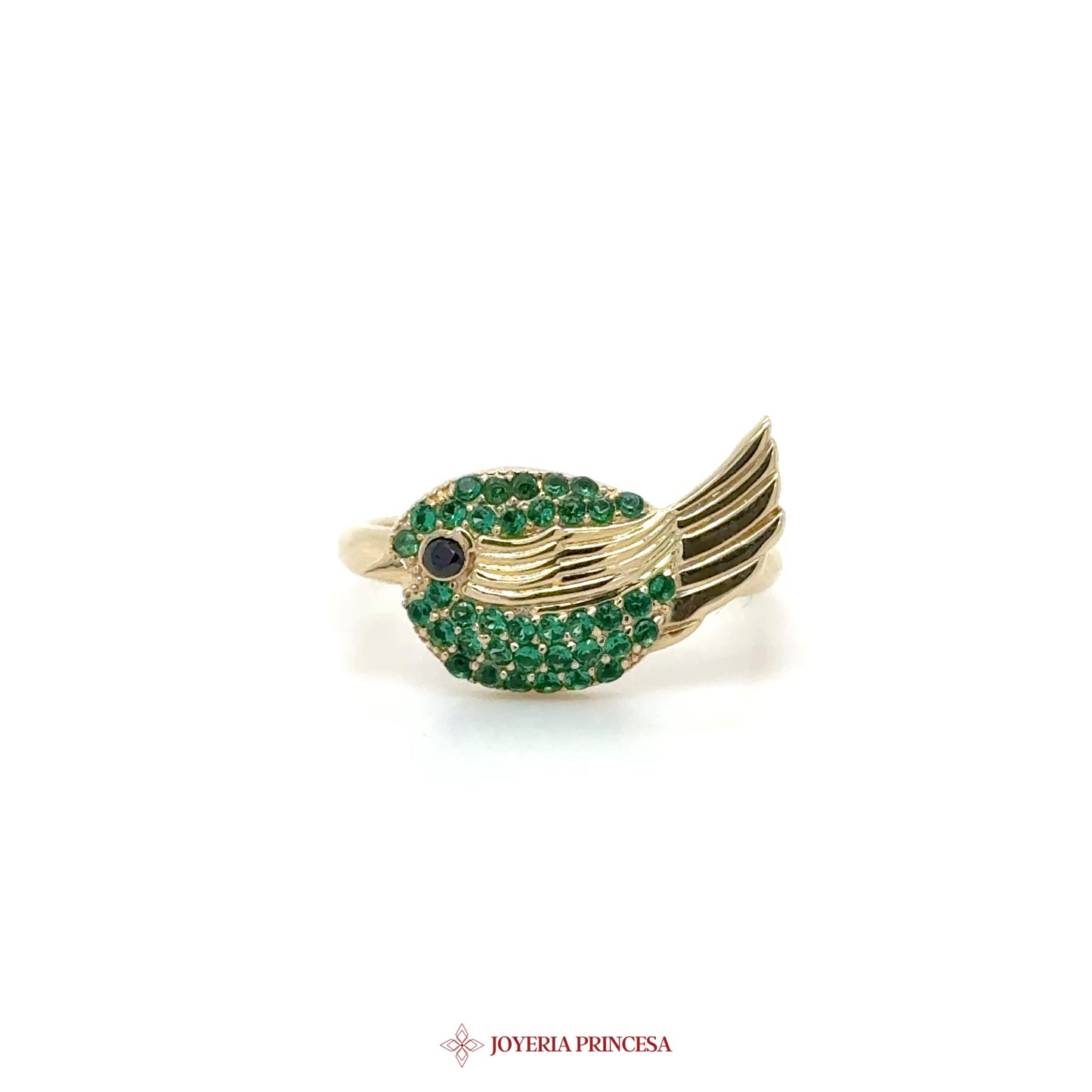 14K Green Bird Motif Ring with Simulated Stones