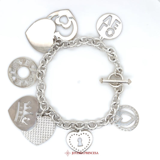 Silver Charm Bracelet with Heart & Peace Motifs