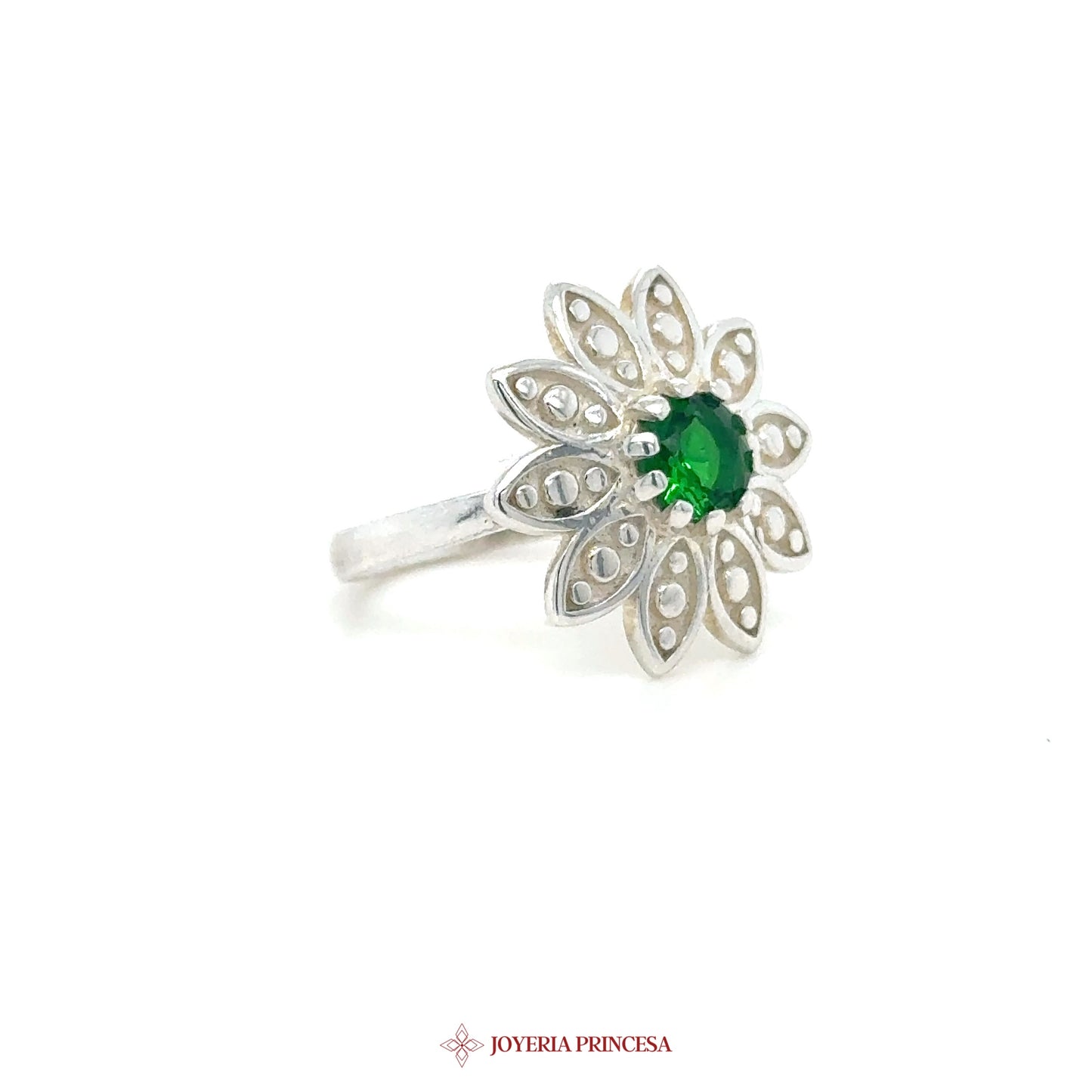 Floral Silver Ring with Green Center Stone