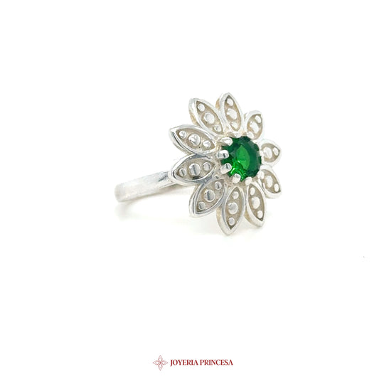 Floral Silver Ring with Green Center Stone