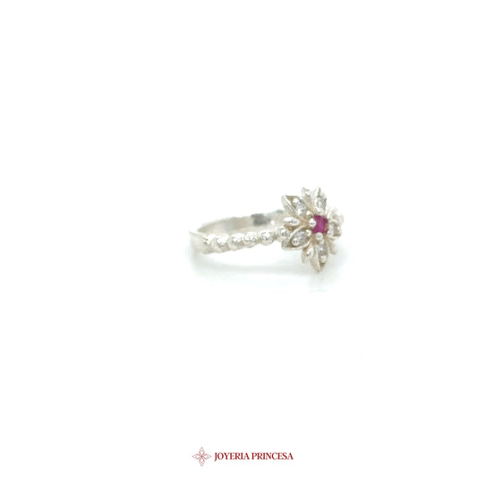 Kids Silver Ring with Floral Motif and Ruby Center