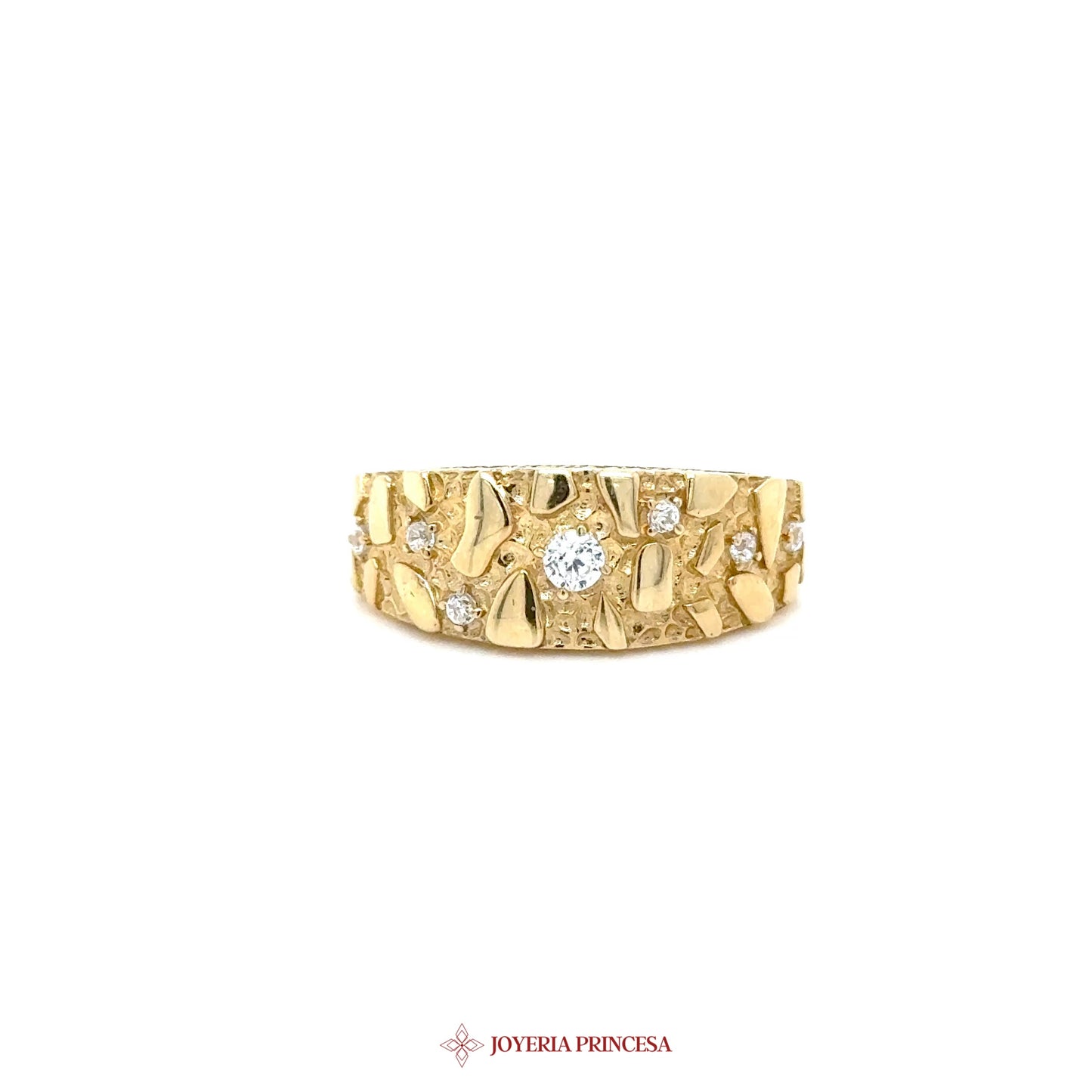 10K Gold Nugget Ring with Simulated Diamonds