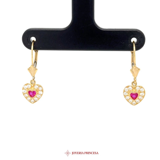 14K Gold Heart Dangle Earrings with Pink Stones