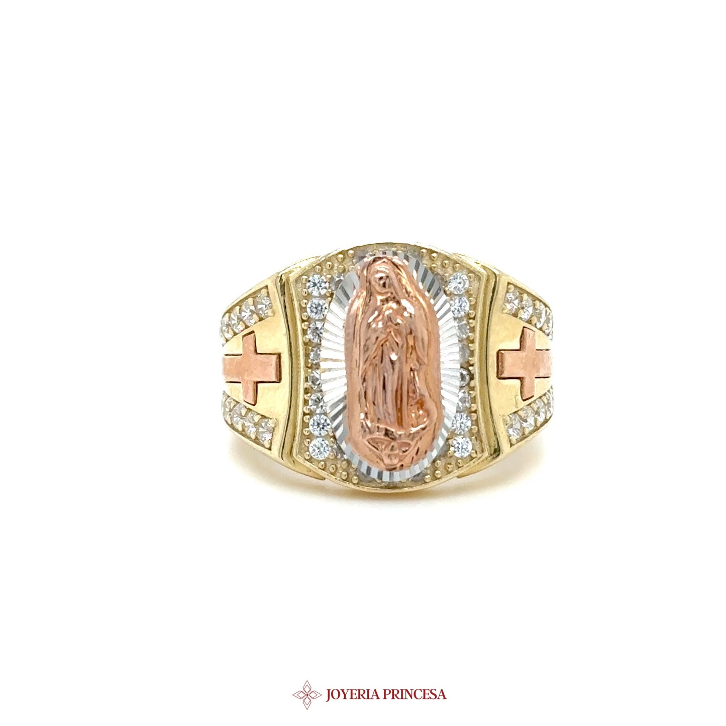 10K Virgen de Guadalupe Ring with Cross Motif and CZ Accents