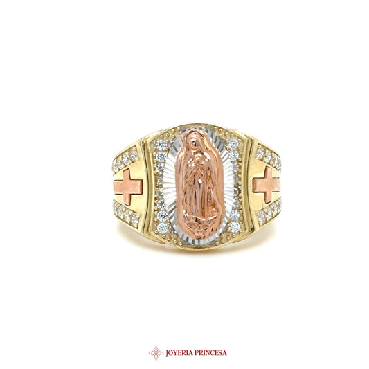10K Virgen de Guadalupe Ring with Cross Motif and CZ Accents
