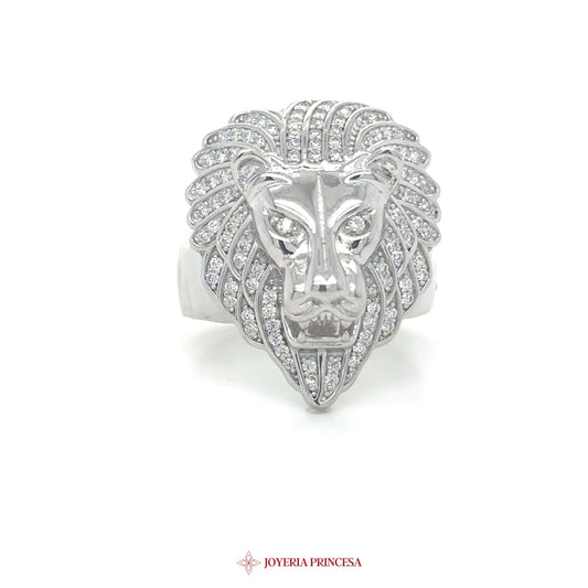 Lion Motif Silver Ring with CZ Stones