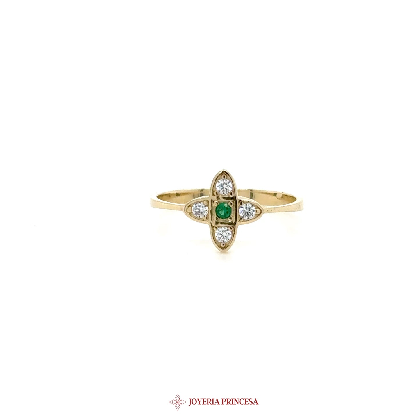 14K Gold Green Stone and CZ Motif Ring