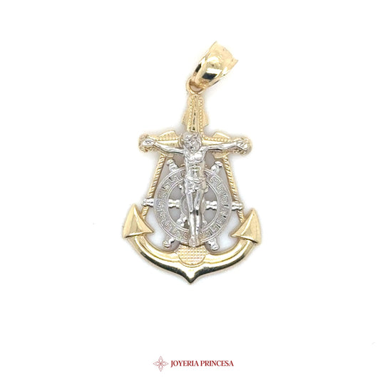 14K Two-Tone Anchor Cross Pendant with Crucifix Motif