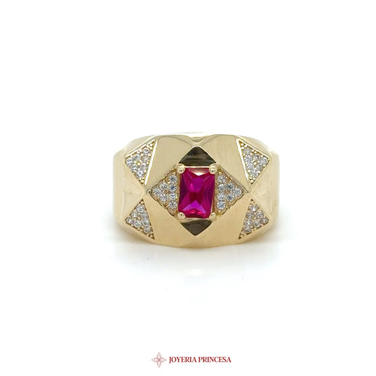 14K Gold Geometric Ring with Ruby and CZ Accents