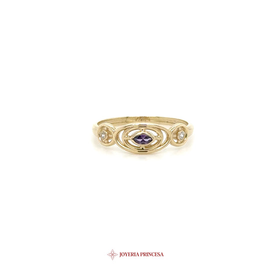 14K Gold Ring with Amethyst and Two CZ Accents
