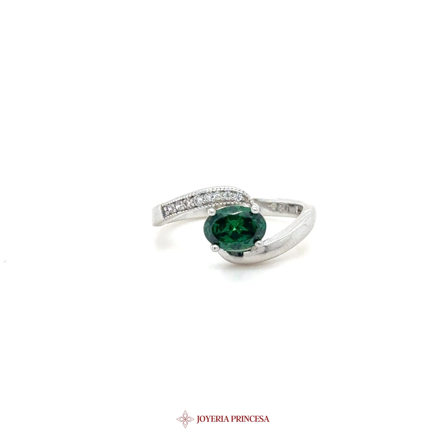 Silver Ring with Green Stone and CZ Accents