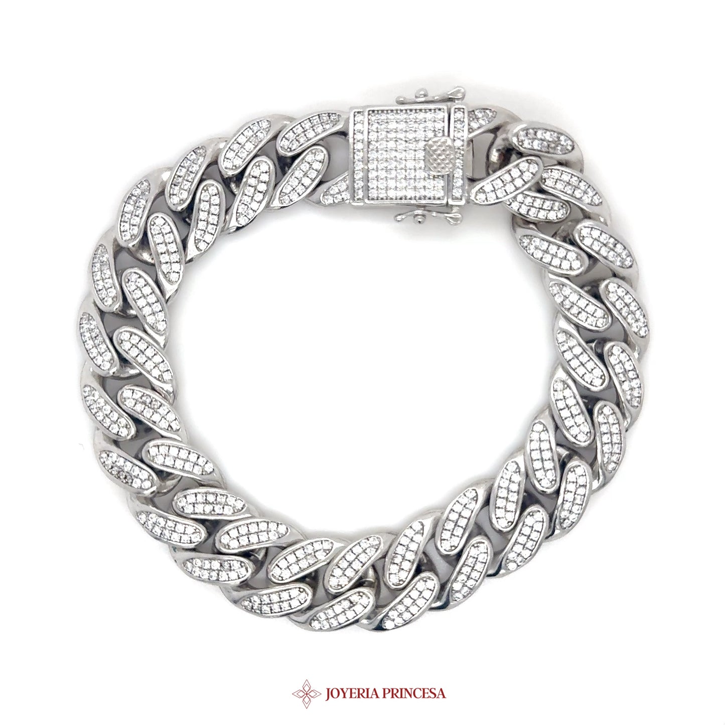 9in 13.6mm Silver Bracelet with CZ Stones in Chunky Link Design