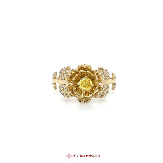 14K Floral Motif Ring with Yellow Center Stone and CZ Accents