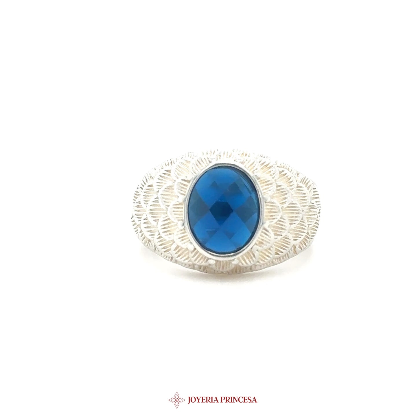 Silver Ring with Blue Faceted Stone and Intricate Design