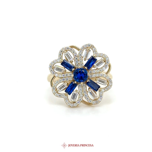 14K Floral Motif Ring with Blue Stones