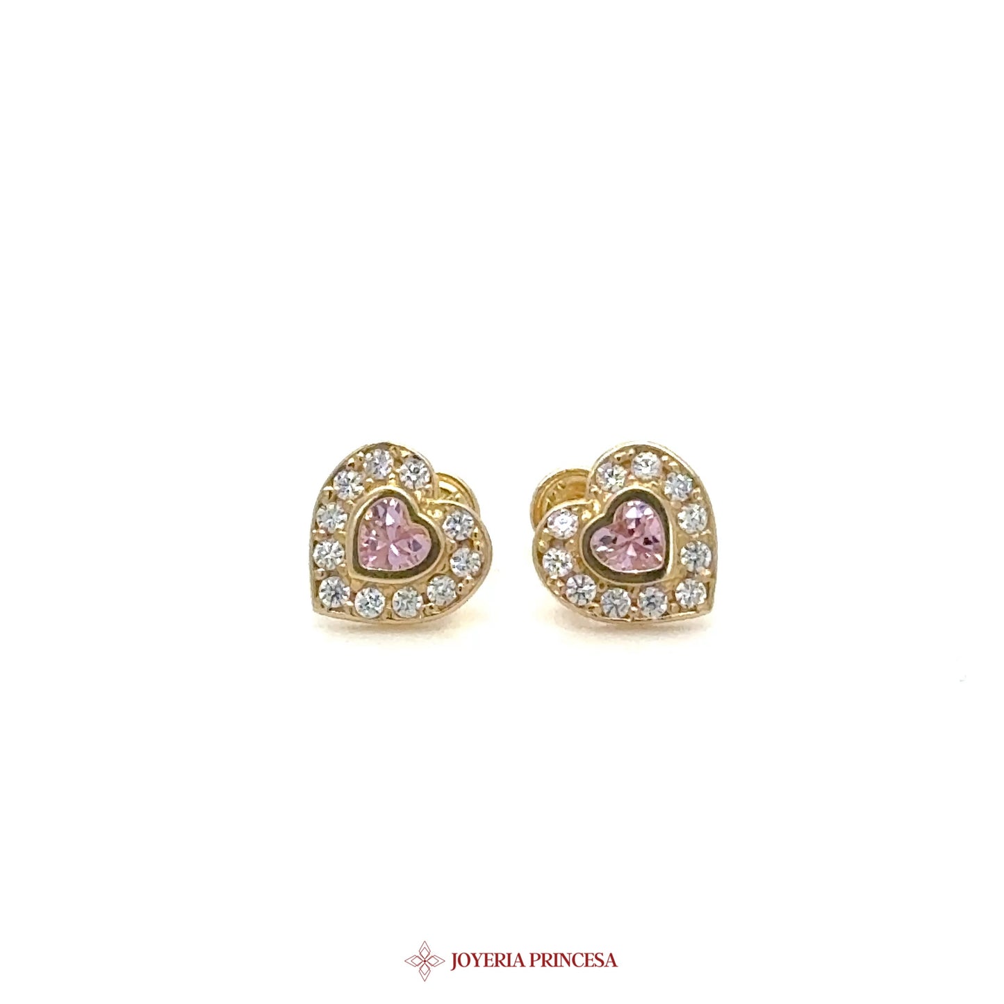 14K Heart-Shaped Stud Earrings with Pink Stones